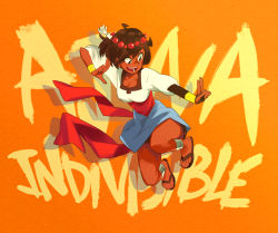 Rule 34 | 1girl, ajna (indivisible), ankle wrap, beads, bike shorts, bike shorts under skirt, bracelet, brown hair, character name, commentary, copyright name, dark-skinned female, dark skin, eyebrows, fighting stance, full body, hair ornament, highres, indivisible, jewelry, jumping, open mouth, petitcarreau, sandals, sash, shadow, shirt, short hair, shorts, shorts under skirt, skirt, smile, solo