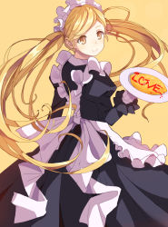 Rule 34 | 1girl, absurdres, apron, blonde hair, blush, food, heart, highres, holding, holding plate, long hair, looking at viewer, maid, maid apron, maid headdress, orange eyes, original, plate, pot-palm, smile, solo, twintails