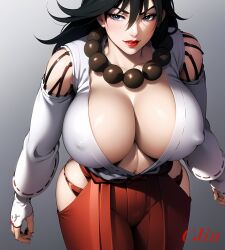Rule 34 | 1girl, ai-assisted, black hair, breasts, cleavage, clothing cutout, collar, covered erect nipples, curvy, female focus, gloves, highres, japanese clothes, kimono, kushinada mikumo, large breasts, lipstick, long hair, looking at viewer, makeup, mature female, miko, no bra, shijou saikyou no deshi ken&#039;ichi, solo, thick thighs, thighs