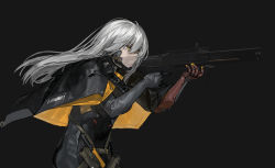 Rule 34 | 1girl, absurdres, aiming, assault rifle, closed mouth, cyborg, elbow gloves, from side, gloves, grey background, grey gloves, gun, hair between eyes, hair over eyes, highres, holding, holding gun, holding weapon, long hair, looking away, mechanical, mechanical arms, original, pouch, qiongsheng, rifle, silver hair, single mechanical arm, solo, strap, transparent weapon, trigger discipline, upper body, weapon, yellow eyes