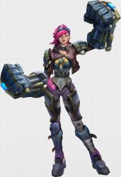Rule 34 | 1girl, absurdres, arm up, armored boots, belt, black belt, boots, breasts, character name, cleavage, clenched hands, closed mouth, collarbone, gauntlets, goggles, goggles on head, hand up, highres, league of legends, medium breasts, pants, pink hair, purple pants, simple background, solo, stnpnk, tattoo, vi (league of legends), white background