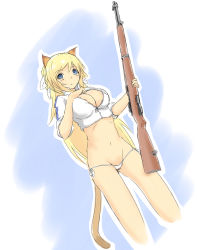 Rule 34 | 1girl, animal ears, bikini, bikini bottom only, blonde hair, blue eyes, breasts, cameltoe, cleavage, cropped jacket, dutch angle, from below, gun, highres, hu sea, large breasts, looking at viewer, m1 garand, navel, open clothes, panties, rifle, side-tie panties, solo, swimsuit, tail, underwear, weapon