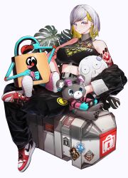 Rule 34 | 1girl, absurdres, arm tattoo, bare shoulders, belt, black pants, black tank top, blonde hair, breasts, closed mouth, commentary, crop top, cross-laced footwear, full body, grey eyes, highres, indie virtual youtuber, large breasts, masanori (gamer), medium hair, midriff, multicolored hair, nike (company), obo (gamer), original, pants, parted bangs, ryoga, shoes, simple background, sitting, solo, sticker, stuffed animal, stuffed toy, tank top, tattoo, teddy bear, two-tone hair, utai meika, vaultroom, virtual youtuber, white background, white hair