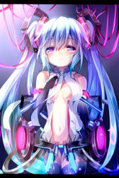 Rule 34 | 1girl, blue hair, bridal gauntlets, center opening, hand on own chest, hatsune miku, hatsune miku (append), highres, letterboxed, long hair, necktie, nekoame, purple eyes, solo, thigh gap, thighhighs, twintails, very long hair, vocaloid, vocaloid append