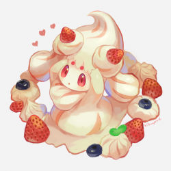 Rule 34 | alcremie, alcremie (strawberry sweet), arms up, blush, commentary request, creatures (company), food, fruit, full body, game freak, gen 8 pokemon, heart, highres, kikuyoshi (tracco), leaf, looking at viewer, nintendo, no humans, parted lips, pokemon, pokemon (creature), red eyes, signature, solo, strawberry