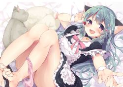 Rule 34 | 1girl, animal, animal ears, apron, bare legs, barefoot, bed sheet, bell, black dress, bow, buttons, cat, cat ears, cherry, choker, cum, dress, facial, fang, food, fruit, green bow, green hair, hair bow, hair ornament, hairpin, heart, heart-shaped pupils, holding, holding food, holding fruit, jingle bell, knees up, looking at viewer, lying, maid, maid apron, momoirone, neck bell, on back, open mouth, original, panties, panties around leg, pink bow, pink panties, puffy short sleeves, puffy sleeves, purple eyes, short sleeves, smile, solo, symbol-shaped pupils, underwear, wrist cuffs, yellow bow