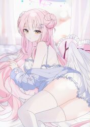 Rule 34 | 1girl, absurdres, angel wings, ass, bloomers, blue archive, blue jacket, blush, bow, breasts, closed mouth, double bun, feathered wings, feet out of frame, hair bun, halo, highres, jacket, long hair, long sleeves, looking at viewer, medium breasts, mika (blue archive), pink bow, pink hair, pink halo, seno (senohime), solo, thighhighs, twisted torso, underwear, white bloomers, white thighhighs, white wings, wings, yellow eyes