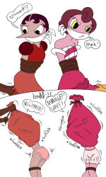 Rule 34 | 2girls, angry, annoyed, baroness von bon bon, bound, brown hair, clothes lift, cuphead (game), dress, dress lift, highres, hilda berg, humiliation, legs, multiple girls, panties, rope, skirt, skirt tied over head, speech bubble, struggling, stuck, tied up, translation request, underwear, wardrobe malfunction