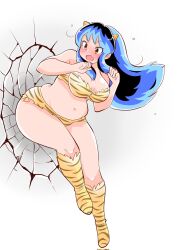 Rule 34 | 1girl, alternate body size, animal print, bikini, blue hair, blush, boots, breasts, cleavage, clenched hands, commentary request, cone horns, corrupted twitter file, fang, full body, highres, horns, knee boots, large breasts, long hair, looking back, lum, navel, open mouth, orange eyes, plump, pointy ears, sidelocks, small horns, solo, sweatdrop, swimsuit, thick thighs, thighs, tiger print, toyishiki shizuoka, urusei yatsura, white background, yellow bikini, yellow footwear, yellow horns
