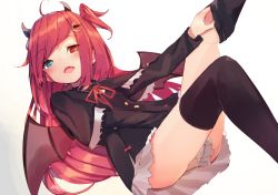 Rule 34 | 1girl, ahoge, black capelet, black dress, black thighhighs, blue eyes, capelet, commentary, crescent, crescent hair ornament, demon horns, demon wings, dress, fang, feet out of frame, hair ornament, hairclip, hand on own knee, heterochromia, horns, layered dress, leg up, long sleeves, looking at viewer, lying, neck ribbon, nijisanji, on back, open mouth, over-kneehighs, parted bangs, purple wings, red eyes, red hair, red neck ribbon, ribbon, simple background, skin fang, solo, thighhighs, tota (sizukurubiks), two side up, virtual youtuber, white background, wings, yuzuki roa