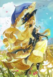 Rule 34 | 1girl, absurdres, back, black footwear, black headwear, blonde hair, blue sky, bodice, boots, clenched teeth, cloud, dress, drill hair, drill sidelocks, field, floating hair, flower, flower field, from side, full body, genshin impact, hat, hat feather, hat flower, high heel boots, high heels, highres, holding, holding umbrella, lace-trimmed collar, lace trim, lankie, long hair, looking at viewer, looking to the side, navia (genshin impact), open mouth, red flower, ship&#039;s wheel ornament, sidelocks, skirt, skirt hold, sky, smile, solo, strapless, strapless dress, sunlight, teeth, two-tone dress, umbrella, umbrella over shoulder, white flower, yellow skirt