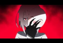 Rule 34 | 1boy, black border, black gloves, border, colored eyelashes, colored skin, evil smile, formal, funamusea, gloves, glowing, glowing eye, holding, holding mask, jitome, looking at viewer, male focus, mask, melonenbrot, oounabara to wadanohara, pointy ears, red background, red eyes, shaded face, short hair, sidelocks, smile, solo, suit, syake (funamusea), white skin, white suit