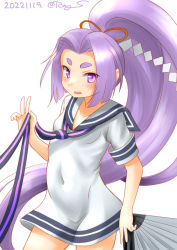 Rule 34 | 1girl, breasts, commentary request, contrapposto, covered navel, cowboy shot, dress, folding fan, hand fan, hatsuharu (kancolle), hikimayu, holding, kantai collection, long hair, looking at viewer, one-hour drawing challenge, ponytail, purple eyes, purple hair, ray.s, sailor collar, sailor dress, shide, simple background, small breasts, solo, white background, white dress, white sailor collar