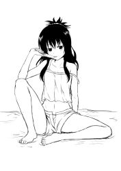 Rule 34 | 1girl, bare legs, barefoot, buttons, collarbone, eating, food, full body, greyscale, ha akabouzu, highres, licking, looking at viewer, midriff, monochrome, navel, off shoulder, popsicle, shorts, sidelocks, sitting, sleeveless, solo, spread legs, stomach, strap slip, to love-ru, topknot, yuuki mikan