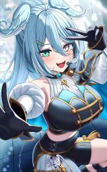 1girl :d aqua_eyes black_gloves blue_hair blush breasts capelet cross-shaped_pupils detached_sleeves dot_nose elira_pendora fangs gloves hair_between_eyes hair_ornament hairclip head_wings heterochromia high_ponytail highres large_breasts lens_flare long_hair looking_at_viewer midriff n/p_(np5034674217827) nijisanji nijisanji_en nijisanji_idol_uniform official_alternate_costume open_mouth ponytail puffy_sleeves purple_eyes shorts smile solo symbol-shaped_pupils v virtual_youtuber wings