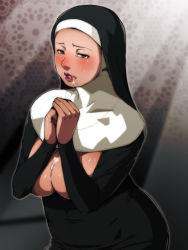 Rule 34 | 1girl, blush, breasts, cum, cum on body, cum on breasts, cum on upper body, curvy, facial, ganto, habit, own hands clasped, large breasts, licking lips, mature female, mole, mole under mouth, nun, original, own hands together, solo, tongue, tongue out