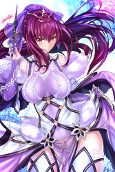 Rule 34 | 1girl, absurdres, artist name, breasts, caster (lostbelt), closed mouth, clothes lift, detached sleeves, dress, fate/grand order, fate (series), fur trim, hair between eyes, hair ribbon, highres, hip focus, large breasts, long hair, looking at viewer, nez-box, ponytail, purple dress, purple hair, purple ribbon, red eyes, ribbon, scathach (fate), scathach skadi (fate), scathach skadi (third ascension) (fate), signature, skirt, skirt lift, smile, solo, tiara, wand