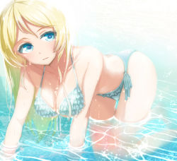 Rule 34 | 10s, 1girl, all fours, ayase eli, bikini, blonde hair, blue eyes, breasts, cleavage, frilled bikini, frills, guranyto, hair down, large breasts, long hair, love live!, love live! school idol project, partially submerged, side-tie bikini bottom, solo, swimsuit, water, wet