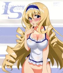 Rule 34 | 1girl, blonde hair, blue eyes, blush, bottomless, bow, breasts, cecilia alcott, cleavage, covered navel, curvy, drill hair, finger to mouth, hair bow, infinite stratos, large breasts, long hair, looking at viewer, official style, parted lips, pink lips, sleeveless, solo, very long hair