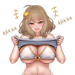 Rule 34 | 1girl, ahoge, anis (nikke), bikini, blush, breasts, brown eyes, brown hair, clothes lift, clothes writing, goddess of victory: nikke, grey shirt, hair between eyes, hair ornament, highres, kuronekozero, large breasts, laughing, looking at viewer, open mouth, shirt, short hair, simple background, smile, solo, swimsuit, t-shirt, teeth, upper body, upper teeth only, white background