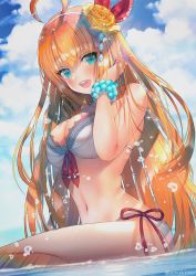 Rule 34 | 1girl, :d, ahoge, bare arms, bare shoulders, bead bracelet, beads, bikini, blonde hair, blue eyes, blue sky, blurry, bracelet, breasts, cleavage, cloud, cloudy sky, day, depth of field, flower, hair flower, hair ornament, hanato (seonoaiko), hand up, highres, jewelry, large breasts, long hair, looking at viewer, navel, open mouth, outdoors, pecorine (princess connect!), pecorine (summer) (princess connect!), princess connect!, rainbow, rose, side-tie bikini bottom, sky, smile, solo, stomach, swimsuit, thighs, twitter username, very long hair, water, white bikini, yellow flower