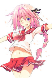 Rule 34 | 1boy, androgynous, astolfo (fate), astolfo (sailor paladin) (fate), black bow, bow, braid, cowboy shot, fang, fate/apocrypha, fate/grand order, fate (series), hair intakes, hair ribbon, male focus, multicolored hair, official alternate costume, one eye closed, open mouth, pink hair, purple eyes, red sailor collar, red skirt, ribbon, sailor collar, single braid, skirt, solo, streaked hair, trap