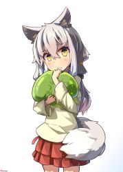 Rule 34 | 1girl, animal ear fluff, animal ears, blush, closed mouth, cowboy shot, fox ears, fox girl, fox tail, gradient background, grey hair, hair between eyes, highres, hinbackc, hug, long hair, long sleeves, looking at viewer, miniskirt, original, pleated skirt, red skirt, shirt, signature, skirt, slime (creature), solo, standing, tail, thighs, white background, yellow eyes, yellow shirt