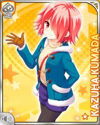 Rule 34 | 1girl, blue coat, card (medium), character name, closed mouth, coat, denim, denim shorts, earrings, girlfriend (kari), hand in pocket, jewelry, kumada kazuha, leggings, looking at viewer, matching hair/eyes, official art, qp:flapper, red eyes, red hair, shoes, short hair, shorts, smile, standing, sweater, tagme, winter clothes, yellow background, yellow sweater