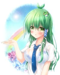 Rule 34 | 1girl, blue bra, blue necktie, blush, bra, commentary request, frog hair ornament, green eyes, green hair, hair between eyes, hair ornament, hair tubes, highres, kochiya sanae, long hair, necktie, osashin (osada), outstretched hand, parted lips, rainbow, see-through, shirt, short hair, snake hair ornament, solo, touhou, underwear, upper body, water drop, wet, wet clothes, wet shirt, white shirt, wing collar