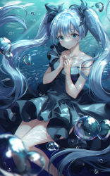 Rule 34 | 1girl, bare legs, black dress, blue eyes, blue hair, blue nails, bubble, chromatic aberration, closed mouth, collarbone, commentary, dress, feet out of frame, fish, frown, hair between eyes, hands on own chest, hatsune miku, highres, legs together, light blush, looking at viewer, m1yu, nail polish, solo, strap slip, sunlight, tears, thighs, twintails, underwater, vocaloid