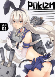 Rule 34 | 10s, 1girl, anchor hair ornament, ass, blonde hair, blue eyes, breasts, elbow gloves, gloves, hair ornament, hairband, kantai collection, long hair, looking at viewer, pokimari, rensouhou-chan, school uniform, serafuku, shimakaze (kancolle), skirt, solo, thighhighs, torn clothes, unbuttoned, underboob, very long hair, white gloves