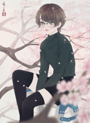 Rule 34 | 1girl, absurdres, between legs, black skirt, black thighhighs, blurry, blurry foreground, branch, breasts, brown-framed eyewear, brown hair, buttons, cherry blossoms, closed mouth, commentary, day, depth of field, earrings, feet out of frame, glasses, grey eyes, grey sweater, hanami, hand between legs, highres, jewelry, ladder, light blush, medibang paint (medium), miniskirt, on ladder, original, outdoors, petals, seal impression, semi-rimless eyewear, short hair, signature, sitting, skirt, small breasts, solo, straight hair, sweater, thighhighs, tree, ushiyama ame, zettai ryouiki
