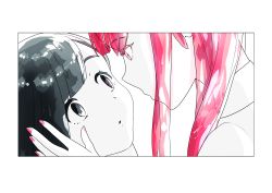 Rule 34 | 2others, absurdres, androgynous, black eyes, black hair, colored eyelashes, colored skin, crystal hair, face-to-face, hand on another&#039;s face, highres, houseki no kuni, looking at another, multiple others, obsidian (houseki no kuni), red beryl (houseki no kuni), red eyes, red hair, white skin