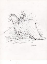 Rule 34 | 1girl, absurdres, commentary, dress, elbow gloves, english commentary, floating hair, from behind, gloves, greyscale, highres, holding, holding sword, holding weapon, horse, horseback riding, ink (medium), inktober, long dress, long hair, long sword, manuel castanon, monochrome, original, riding, scan, simple background, sitting, strapless, strapless dress, sword, traditional media, weapon, white background