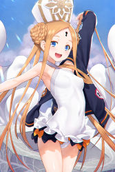 Rule 34 | 1girl, :d, abigail williams (fate), abigail williams (swimsuit foreigner) (fate), abigail williams (swimsuit foreigner) (second ascension) (fate), arm up, blonde hair, blue eyes, braid, covered navel, fate/grand order, fate (series), forehead, frilled swimsuit, frills, hat, highres, kazuma muramasa, keyhole, long hair, looking at viewer, mitre, one-piece swimsuit, open mouth, smile, solo, swimsuit, thighs, very long hair, white hat, white one-piece swimsuit