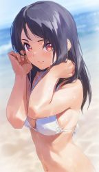 Rule 34 | 1girl, beach, bikini, black hair, blurry, blurry background, blush, breasts, cleavage, closed mouth, day, hand in own hair, highres, kinta (distortion), long hair, looking at viewer, medium breasts, ocean, original, outdoors, red eyes, smile, solo, swimsuit, upper body, water, wet, white bikini