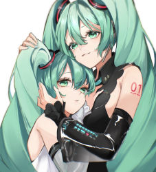 Rule 34 | 2girls, :3, aqua eyes, aqua hair, aqua nails, aqua necktie, bare shoulders, blurry, closed mouth, depth of field, detached sleeves, dual persona, eyelashes, flat chest, green eyes, green hair, hand on another&#039;s chest, hand on another&#039;s face, hand on another&#039;s head, hands up, hatsune miku, hatsune miku (nt), headset, hug, layered sleeves, long hair, looking at viewer, multiple girls, nail polish, necktie, parted lips, ring hair ornament, see-through, see-through sleeves, simple background, smile, twintails, upper body, vocaloid, white background, yukihira makoto