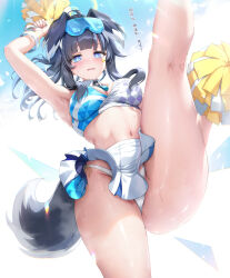 Rule 34 | 1girl, animal ears, bare shoulders, black hair, blue archive, blue eyes, blush, bracelet, breasts, cleavage, dog ears, dog tail, eyewear on head, goggles, halo, halterneck, hibiki (blue archive), hibiki (cheer squad) (blue archive), highres, holding, holding pom poms, jewelry, large breasts, long hair, looking at viewer, millennium cheerleader outfit (blue archive), miniskirt, navel, open mouth, pleated skirt, pom pom (cheerleading), pom poms, ponytail, sayika, sidelocks, skirt, solo, sports bra, star sticker, sticker on face, tail, thighs, translation request, white skirt