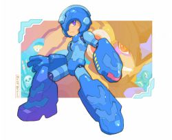 Rule 34 | 2019, 2boys, adapted costume, arm cannon, bass (mega man), blue gloves, blue headwear, capcom, dated, full body, gloves, headgear, helmet, highres, male focus, mega man (character), mega man (classic), mega man (series), multiple boys, purple eyes, robot, signature, skull, smile, standing, tight clothes, tomycase, turtleneck, weapon, yellow pupils