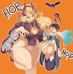 Rule 34 | 2girls, absurdres, bat (animal), bat wings, black maria (one piece), blonde hair, blue eyes, breasts, brown eyes, gecko moria, halloween, highres, horn ornament, horns, huge breasts, multiple girls, nail polish, nipples, one piece, red nails, simple background, sunnysundown, tagme, vampire costume, white hair, wings, yamato (one piece)