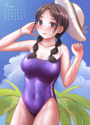 Rule 34 | 1girl, absurdres, black eyes, black hair, blue one-piece swimsuit, blue sky, braid, breasts, calendar (medium), cloud, competition school swimsuit, covered navel, cowboy shot, hat, highres, june, long hair, medium breasts, nino berlin, one-piece swimsuit, original, parted bangs, school swimsuit, sky, solo, sun hat, swimsuit, twin braids, wet, wet clothes, wet swimsuit, white hat