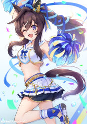 Rule 34 | 1girl, absurdres, alternate costume, alternate hairstyle, arm up, arms up, bare shoulders, blue eyes, blush, breasts, brown hair, cheerleader, commentary request, confetti, hair between eyes, highres, holding, holding pom poms, long hair, looking at viewer, medium breasts, midriff peek, multicolored hair, navel, one eye closed, open mouth, peteron, pom pom (cheerleading), pom poms, ponytail, smile, solo, streaked hair, umamusume, vivlos (umamusume), white hair
