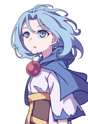 Rule 34 | 1girl, absurdres, blue eyes, blue hair, commentary request, eyebrows hidden by hair, highres, hood, hood down, kame (kamepan44231), kumoi ichirin, one-hour drawing challenge, open mouth, shirt, short hair, short sleeves, simple background, solo, touhou, upper body, white background, white shirt