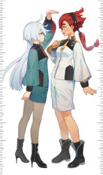 Rule 34 | 2girls, absurdres, ahoge, ankle boots, arm up, black footwear, black hairband, black socks, blue eyes, blush, boots, ddal, full body, green jacket, green shorts, grey hair, grey pantyhose, gundam, gundam suisei no majo, hairband, hand up, height difference, height mark, high heels, highres, jacket, long hair, long sleeves, looking at another, low ponytail, miorine rembran, multiple girls, necktie, open mouth, pantyhose, red hair, red necktie, school uniform, shorts, socks, standing, suletta mercury, thick eyebrows, white jacket, white shorts, wide sleeves, yellow necktie