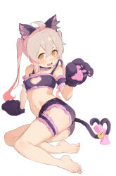 Rule 34 | 1girl, :d, @ @, absurdres, ahoge, alternate hairstyle, animal ear fluff, animal ears, animal hands, arm garter, ass, bare shoulders, barefoot, bell, blush, bow, breasts, bridal garter, cat ears, cat tail, choker, cleavage cutout, clothing cutout, feet, full body, gloves, grey hair, hair between eyes, heart, heart tail, highres, jingle bell, long hair, looking at viewer, navel, onii-chan wa oshimai!, open mouth, orange eyes, oyama mahiro, paw gloves, pink bow, pink hair, shenqi de (9), short shorts, shorts, simple background, small breasts, smile, solo, stomach, tail, tail bell, tail bow, tail ornament, toes, twintails, wavy mouth, white background