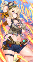 1girl, absurdres, arm scarf, arm under breasts, arm up, armpits, bangs, bare shoulders, beige shirt, belt, bennett (genshin impact), bennett (genshin impact) (cosplay), black bow, blonde hair, blue eyes, blue shorts, blush, bow, breasts, brown belt, brown footwear, closed mouth, collarbone, commentary request, cosplay, cowboy shot, elbow gloves, erect nipples, eyebrows visible through hair, fire, frown, gauntlets, genshin impact, gloves, goggles, goggles on head, hair between eyes, hair bow, highres, holding, holding sword, holding weapon, jean gunnhildr (genshin impact), large breasts, long hair, looking at viewer, navel, nez-box, ponytail, shirt, shoes, short shorts, shorts, sidelocks, signature, skindentation, sleeveless, sleeveless shirt, socks, solo, standing, standing on one leg, sword, thigh strap, vision (genshin impact), weapon