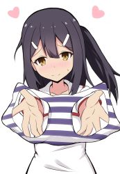 Rule 34 | 1girl, absurdres, blush, brown eyes, brown hair, closed mouth, commentary request, fate/kaleid liner prisma illya, fate (series), hair between eyes, hair ornament, hairclip, head tilt, heart, highres, holding, holding clothes, holding panties, holding underwear, long hair, mitchi, miyu edelfelt, nose blush, one side up, outstretched arms, panties, panties day, presenting removed panties, puffy short sleeves, puffy sleeves, shirt, short sleeves, simple background, smile, solo, striped clothes, striped panties, sweat, underwear, unworn panties, upper body, white background, white shirt
