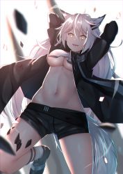 Rule 34 | 1girl, :d, animal ears, arknights, arms behind head, bad id, bad pixiv id, bare legs, black jacket, black shorts, breasts, crop top, fangs, groin, hair between eyes, highres, holding, holding sword, holding weapon, jacket, jumping, lappland (arknights), long hair, looking at viewer, material growth, medium breasts, midair, midriff, mirufuaa, navel, no bra, open clothes, open jacket, open mouth, oripathy lesion (arknights), scar, scar across eye, scar on face, short shorts, shorts, silver hair, smile, solo, stomach, swinging, sword, sword behind back, tail, thighs, underboob, very long hair, weapon, wolf ears, wolf girl, wolf tail, yellow eyes