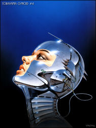 Rule 34 | 1girl, android, blue background, cable, cyborg, gradient background, lips, metal, original, portrait, realistic, simple background, solo, sorayama hajime
