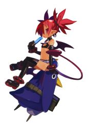 Rule 34 | 1girl, :p, absurdres, anklet, bandeau, bare shoulders, bat wings, belt, bird, black thighhighs, blush, boots, bracelet, collar, crossed legs, demon girl, demon tail, disgaea, earrings, elbow gloves, etna (disgaea), flat chest, food, from side, full body, gloves, hair between eyes, hand on another&#039;s head, harada takehito, high heel boots, high heels, highres, ice cream, jewelry, midriff, mini wings, miniskirt, navel, nippon ichi, object on head, pencil skirt, penguin, pink eyes, pink hair, pointy ears, popsicle, prinny, short twintails, simple background, sitting, skirt, skull, solo, spiked hair, standing, tail, thigh boots, thighhighs, tongue, tongue out, twintails, white background, wings